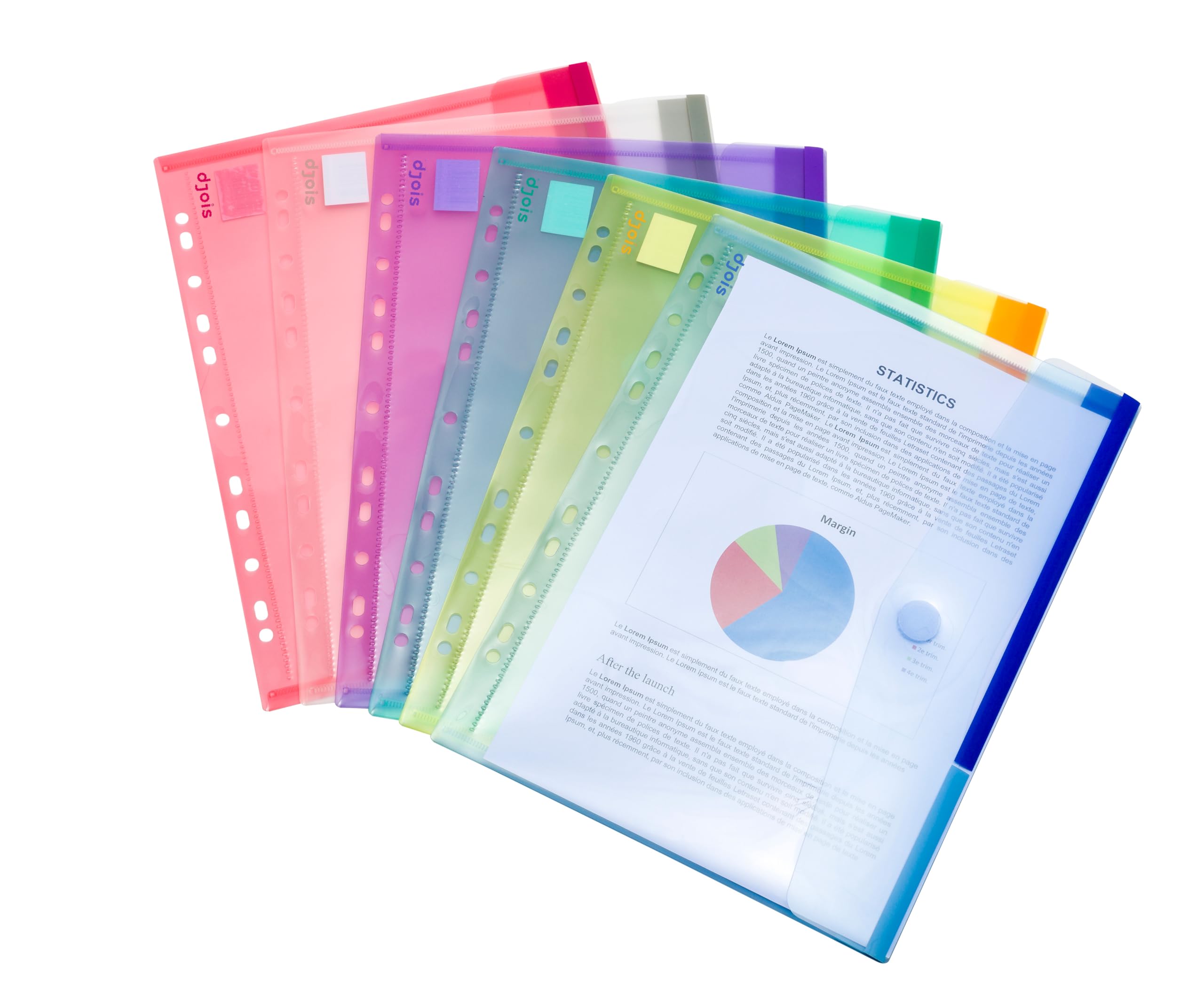 Tarifold A4 Punched Plastic Wallets/Envelopes/Folders/Poly Pockets for Ringbinder (with Scratch Closure) - 12 Pcs in Assorted Colors - 510229