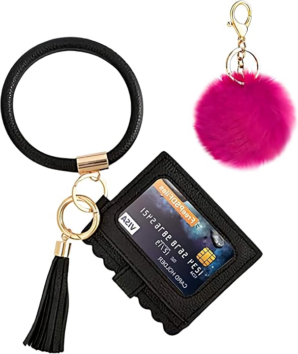 Wristlet Keychain Wallet Bracelet Bangle Circle Tassel Leather Keyring