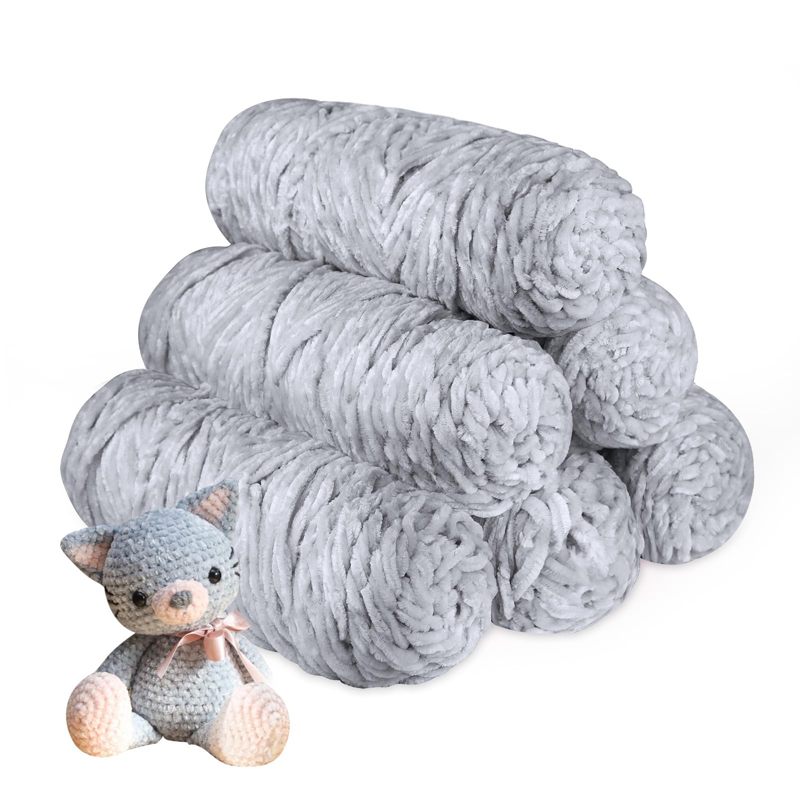 Crochet Yarn Chunky Yarn for Crochet Chunky Wool for Knitting 100g Balls x 6 Chenille Yarn Wool for Crochet Kits for Beginners Adults for Handmade Crafts Hats Blankets Scarves(Grey, 6pcs-600g)