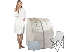 Smartmak Far Infrared Sauna, Full Body One Person Portable SPA Set with Time & Tempreture Remote Control, Heating Foot Pad and Foldable Reinforced Chair (L 27.6’’ x W 31.5’’ x H 37.8’’)- Beige