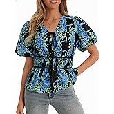 Cicy Bell Womens Puff Sleeve Tie Front Tops Summer Babydoll Peplum V Neck Blouse Casual Dressy Pleated Floral Print Shirts