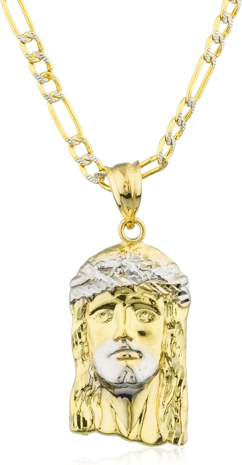10k Yellow Gold Jesus Head Pendant with a 10k 24 Inch Pave Figaro Chain
