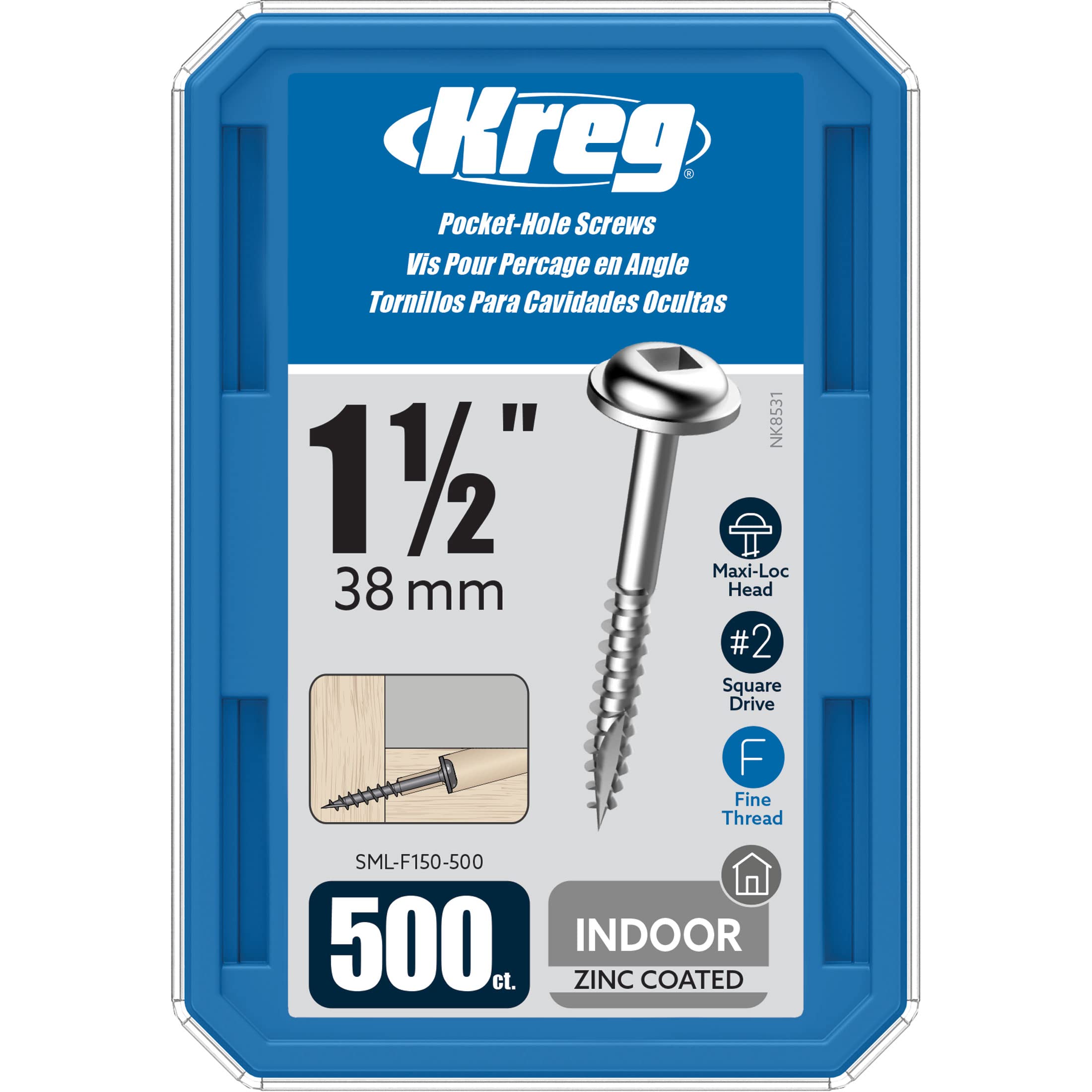 Tornillos de bolsillo de zinc Kreg - SML-F150-500 - 1-1/2 pulgadas - Rosca fina - Cabeza Maxi-Loc - Interior - 500 unidades
