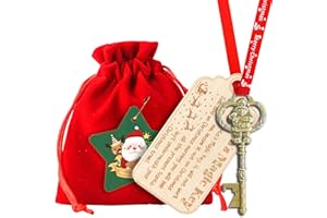 DONEJPEE Christmas Santa Key Ornament, Santas Magic Key for No Chimney Houses, Santa Key with Wood Engraved Wooden Tag and Red Bag and Ribbon, Vintage Santa Claus Christmas Ornaments Decorations