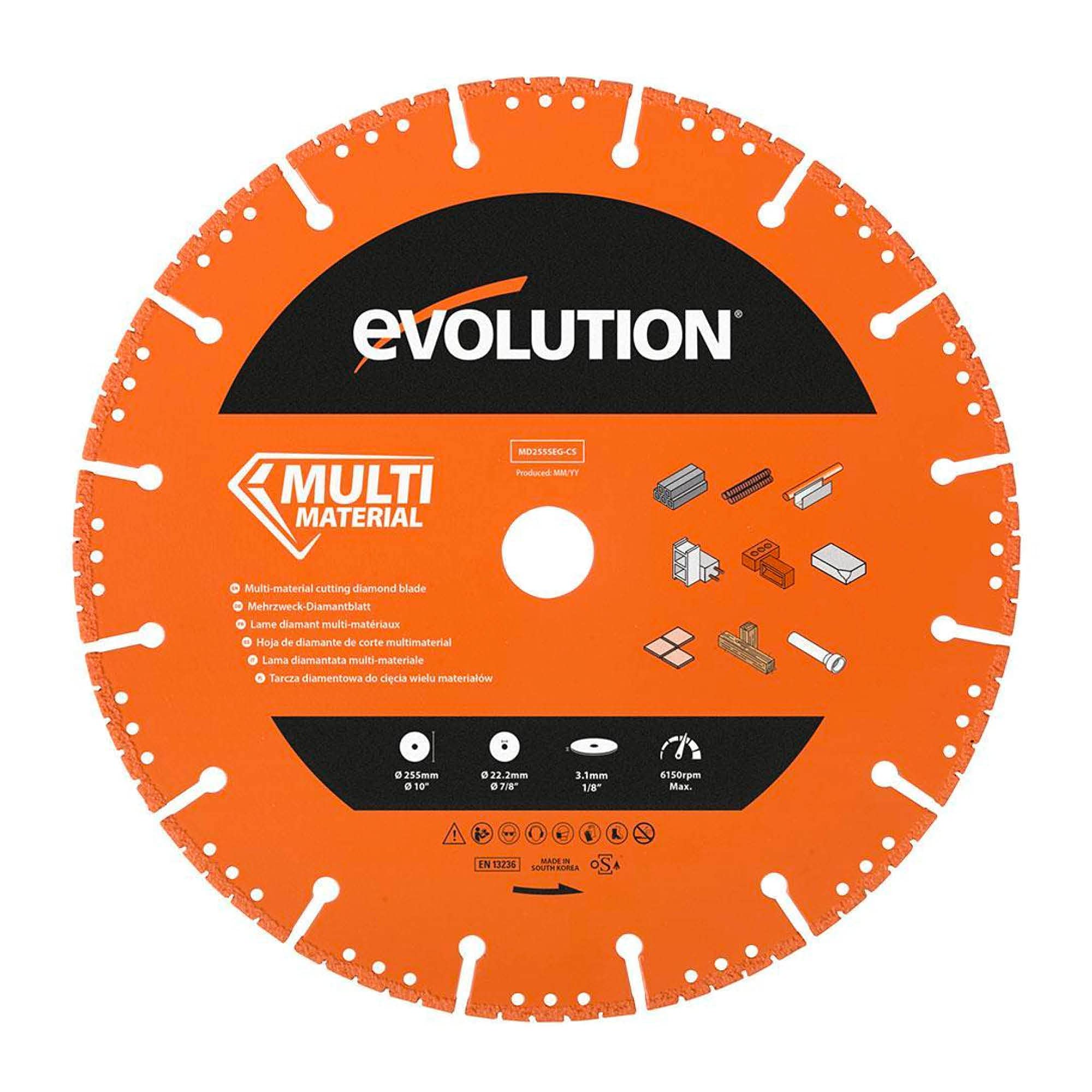 Evolution Power Tools MD255SEG-CS Multi Material Diamond Blade For Disc Cutters - Segmented Rim Removes Debris From Cut - Ideal for Cutting Metal, Brick, Tiles and Plastic, 255 mm