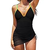 popvil Swim Dress Suits for Women 2025 One Piece Swimsuit Women Tummy Control Sexy Mesh Tie Back Bathing Suit Skirt