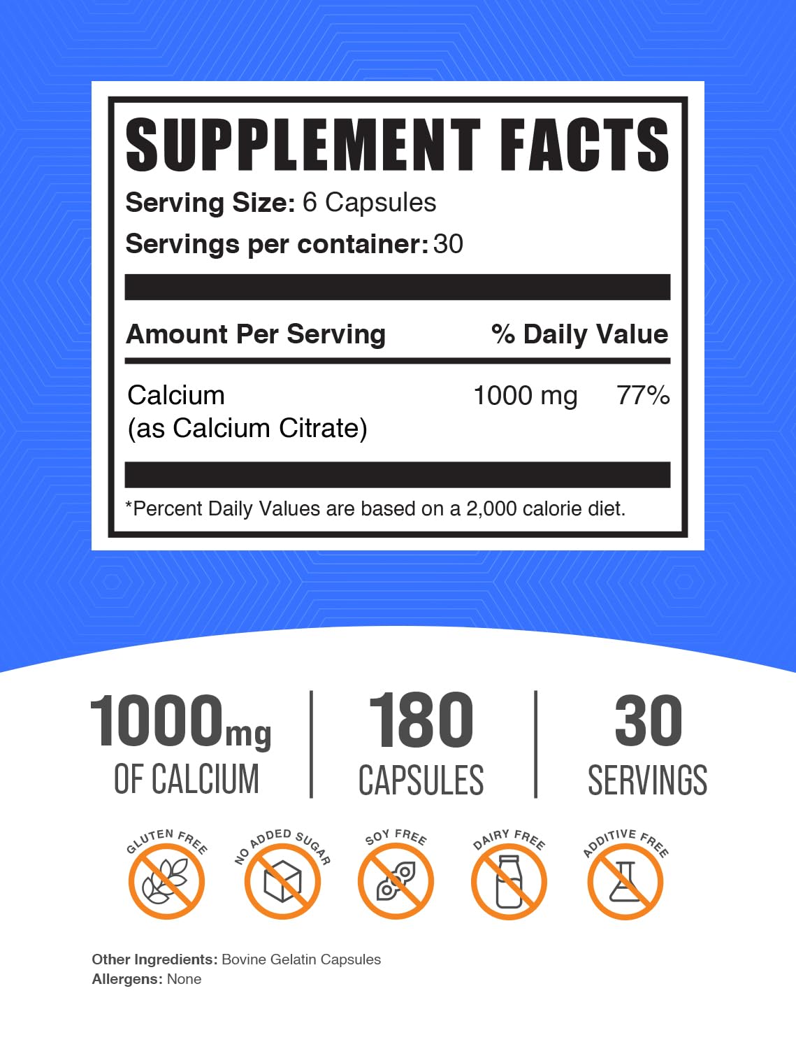 BulkSupplements.com Calcium Citrate Capsules - Calcium Citrate Supplement, with Calcium 1000mg per Serving - Soy Free, 6 Capsules per Serving, 180 Capsules (Pack of 1)