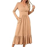 LUOFEN Womens Long Sleeve Cocktail Dresses Empire Waist A Line V Neck Formal Elegant Maxi Wrap Dress with Pockets
