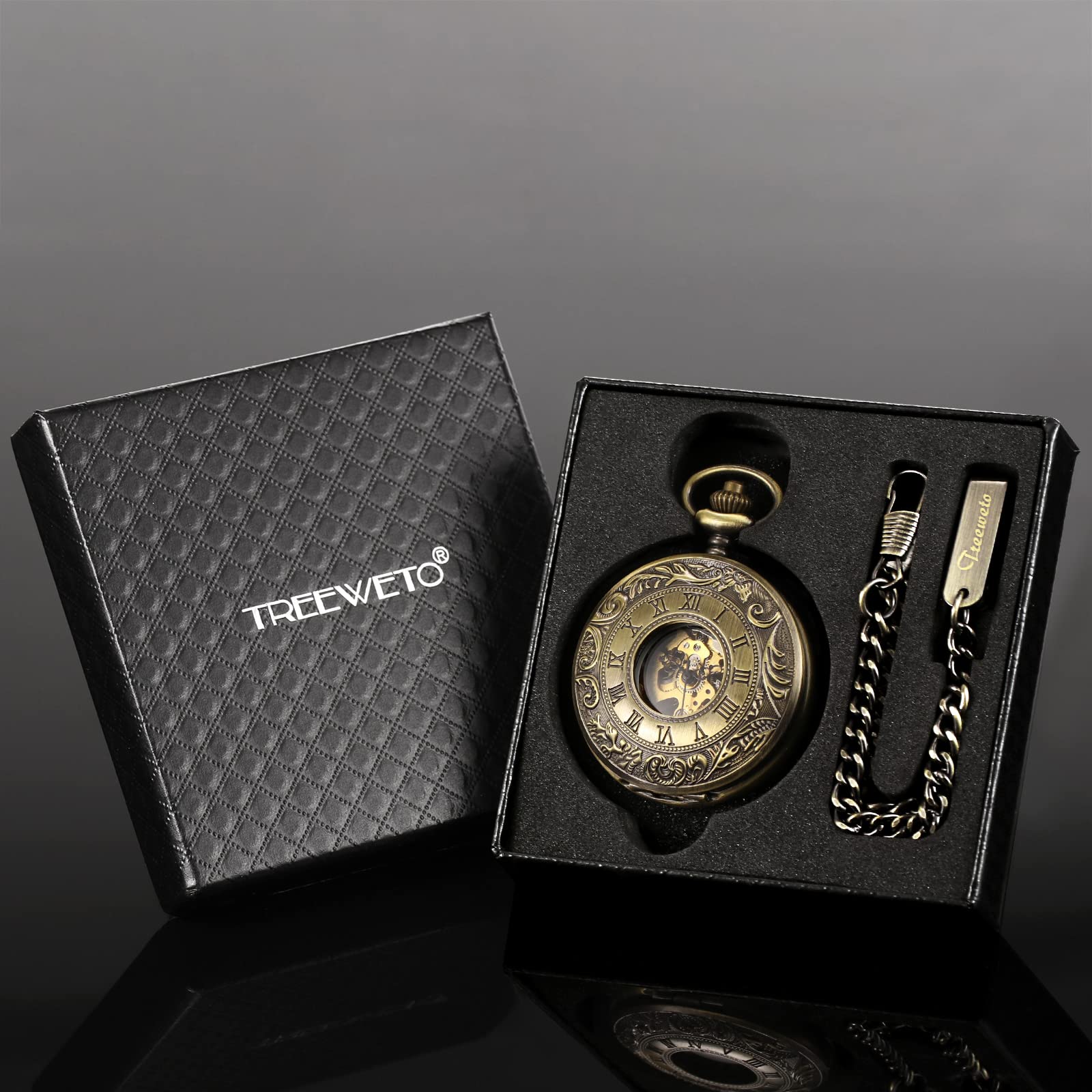 TREEWETO Mens Skeleton Mechanical Pocket Watch, Retro Roman Numerals, Half Hunter, Bronze