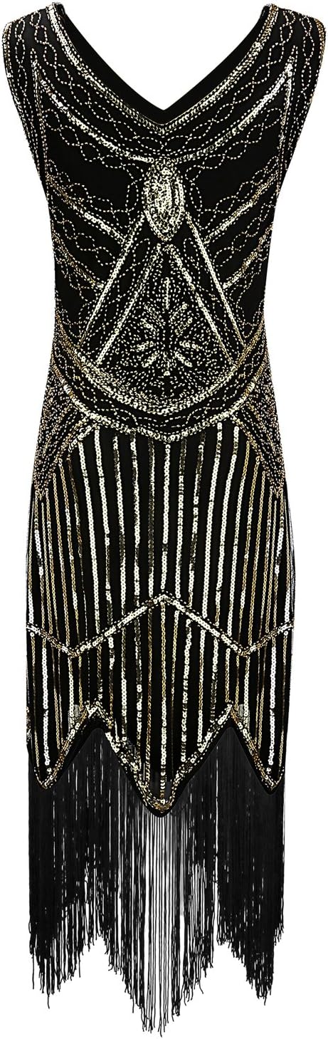 BelinlaAny Women's 1920s Gastby Inspired Sequined Embellished Fringed Flapper Dress (X-Small, 003 Gold)