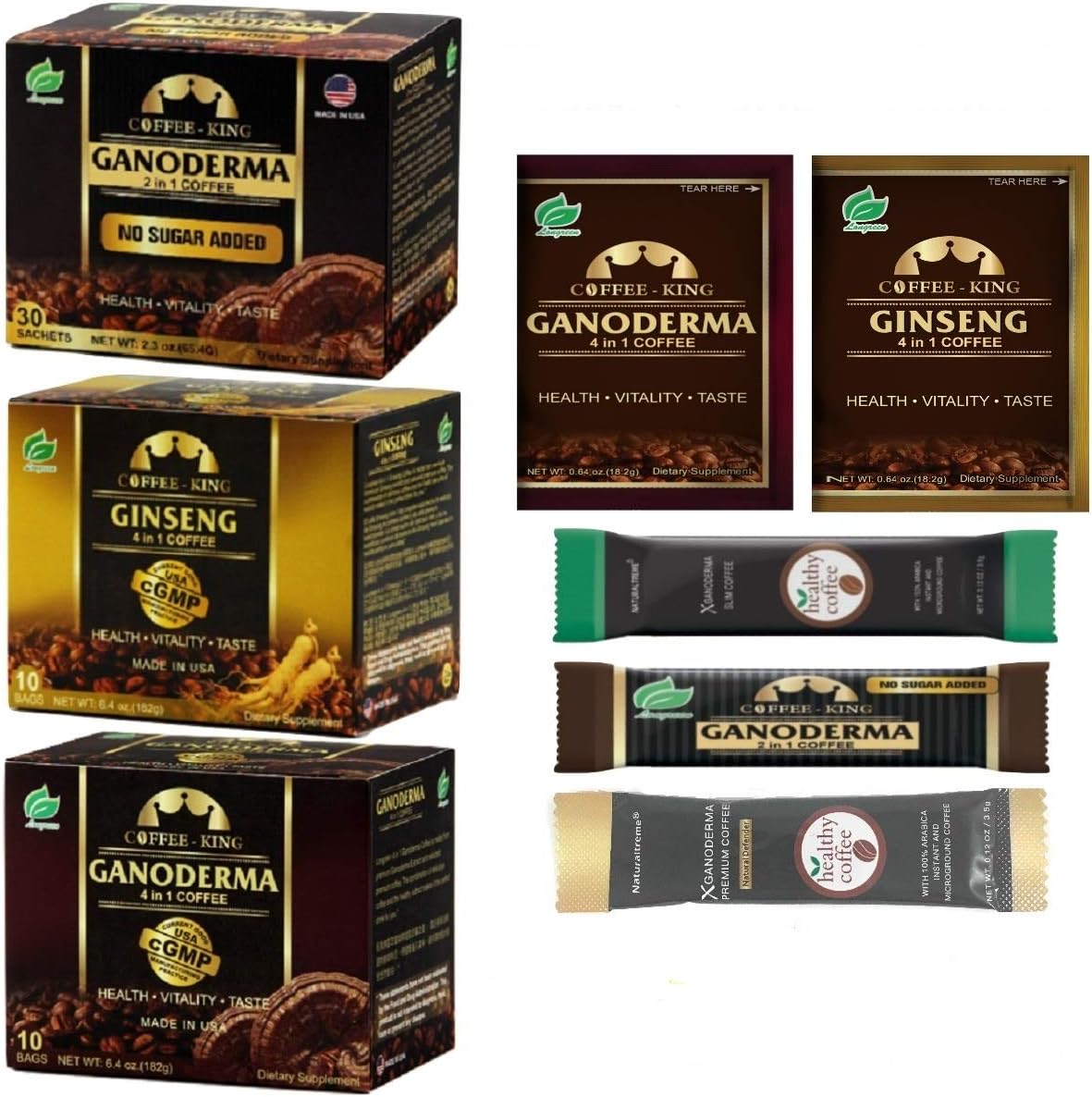 PureGano Healthy Coffee Trio - Black Ganoderma (2.18g/ 30 sachets) Ganoderma Latte (18.2g/ 10 sachets) American Ginseng Latte (18.2g/10 sachets) + 5 Bonus Samples Included