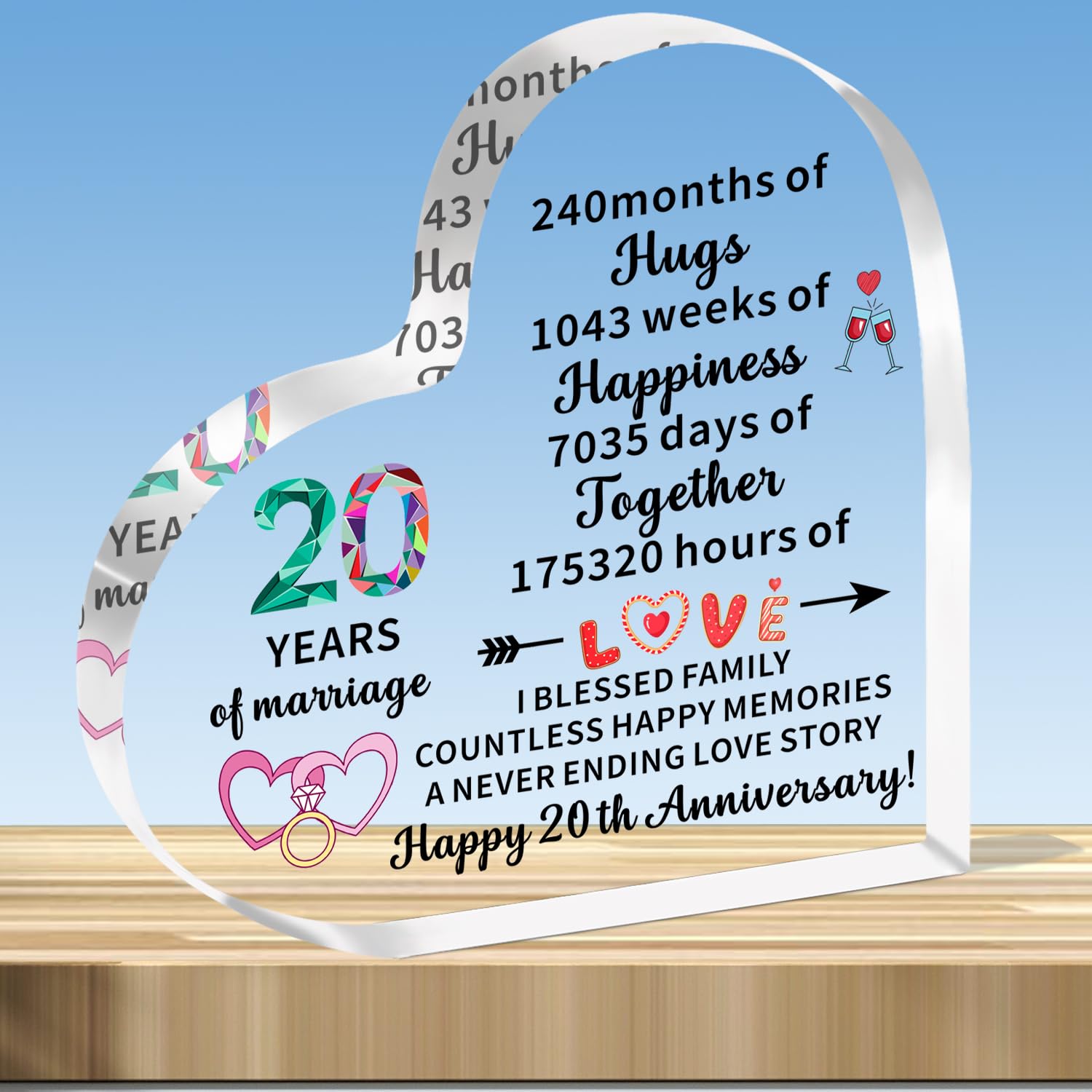 JMIMO 20th China Wedding Anniversary Present for Her and Him 20 years of marriage gifts for Couple Wife Husband Heart-Shaped Acrylic Keepsake Gift