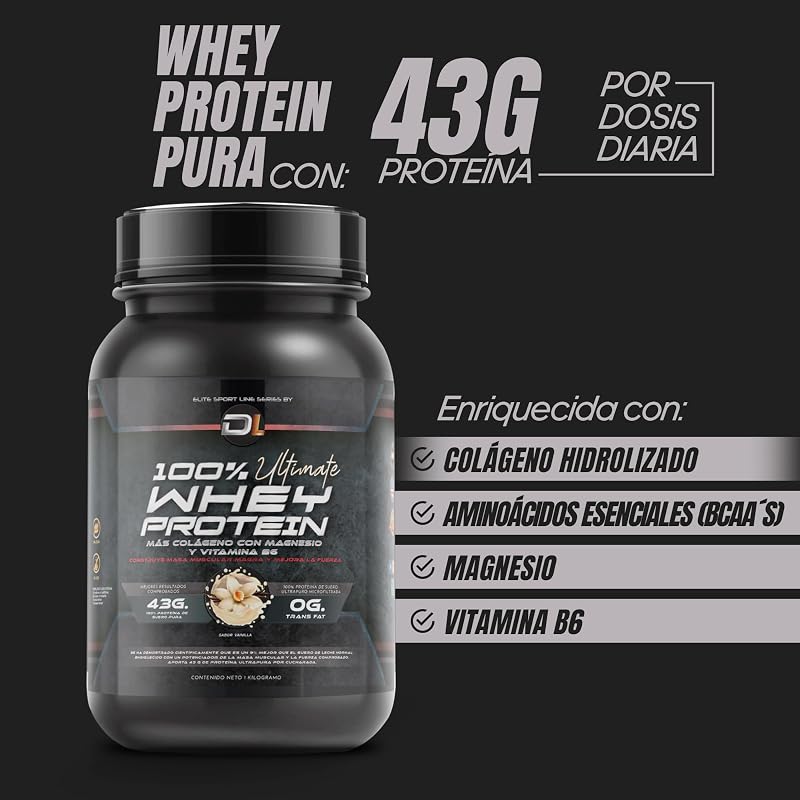 Proteína de Soro | Proteína em Pó com Colagénio, Magnésio e Aminoácidos | Aumenta a massa muscular | Apoia o desenvolvimento e recuperação muscular | Proteína fácil de digerir | Sabor a Baunilha 1kg
