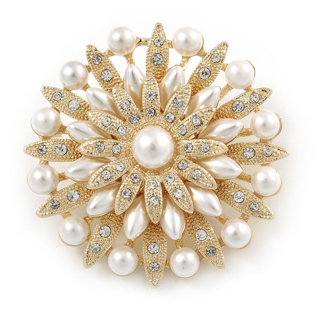 Bridal Vintage Inspired White Simulated Pearl, Austrian Crystal Layered Floral Brooch In Gold Tone - 50mm D