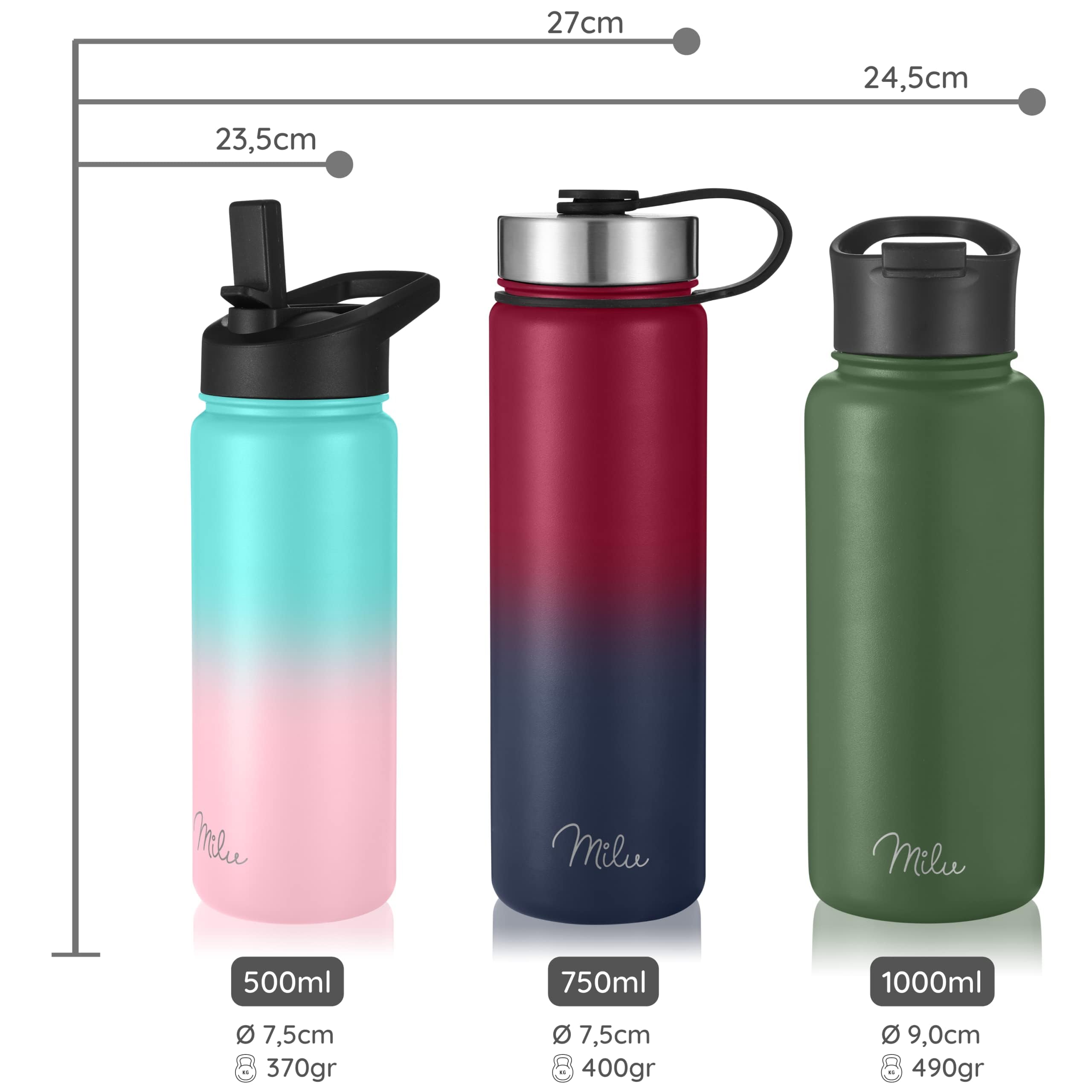 Milu Edelstahl Trinkflasche 500ml, 750ml, 1L (+3 Deckel) Thermosflasche mit Strohhalm, Isolierte Wasserflasche, Auslaufsichere Isolierflasche doppelwandig, Kohlensäure geeignet (Berry Blau, 0,5L) 5