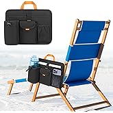 Beach Chair Cup Holders, Arm Organizer for Camping with 2 Self-Adhesive Fastener Strap, Hanging Bag Insulation with 4 Pockets, Camp Chair Accessories for Water Bottle, Magazine, Black, Patent Design