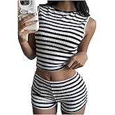 RoseSeek Women's 2 Piece Striped Summer Outfits Sleeveless Crop Tank Top and Mini Shorts Clothing Set