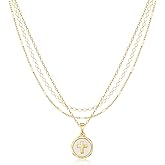 Remmocy Gold Necklace for Women 14K Gold Plated Layered Cross Bar Necklace Herringbone Figaro Paperclip Flat Chain Cute Charm Accessories Non Tarnish Jewelry Set Gifts for Women