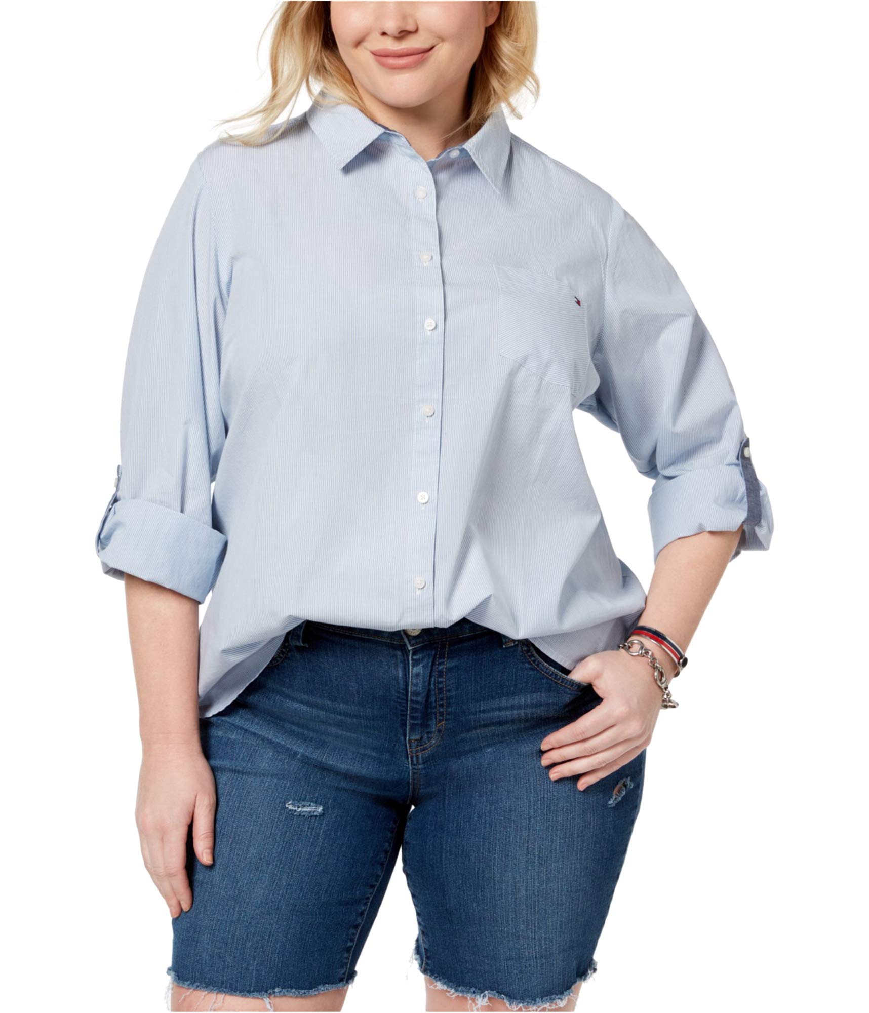 Tommy Hilfiger Women’s Plus-Size Roll Tab Button Down Shirt, Cornell Blue Stripe, 3X