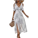Verdusa Women's Summer Vacation Beach Dress Hawaiian Maxi Dresses Tropical Cold Shoulder Sundress
