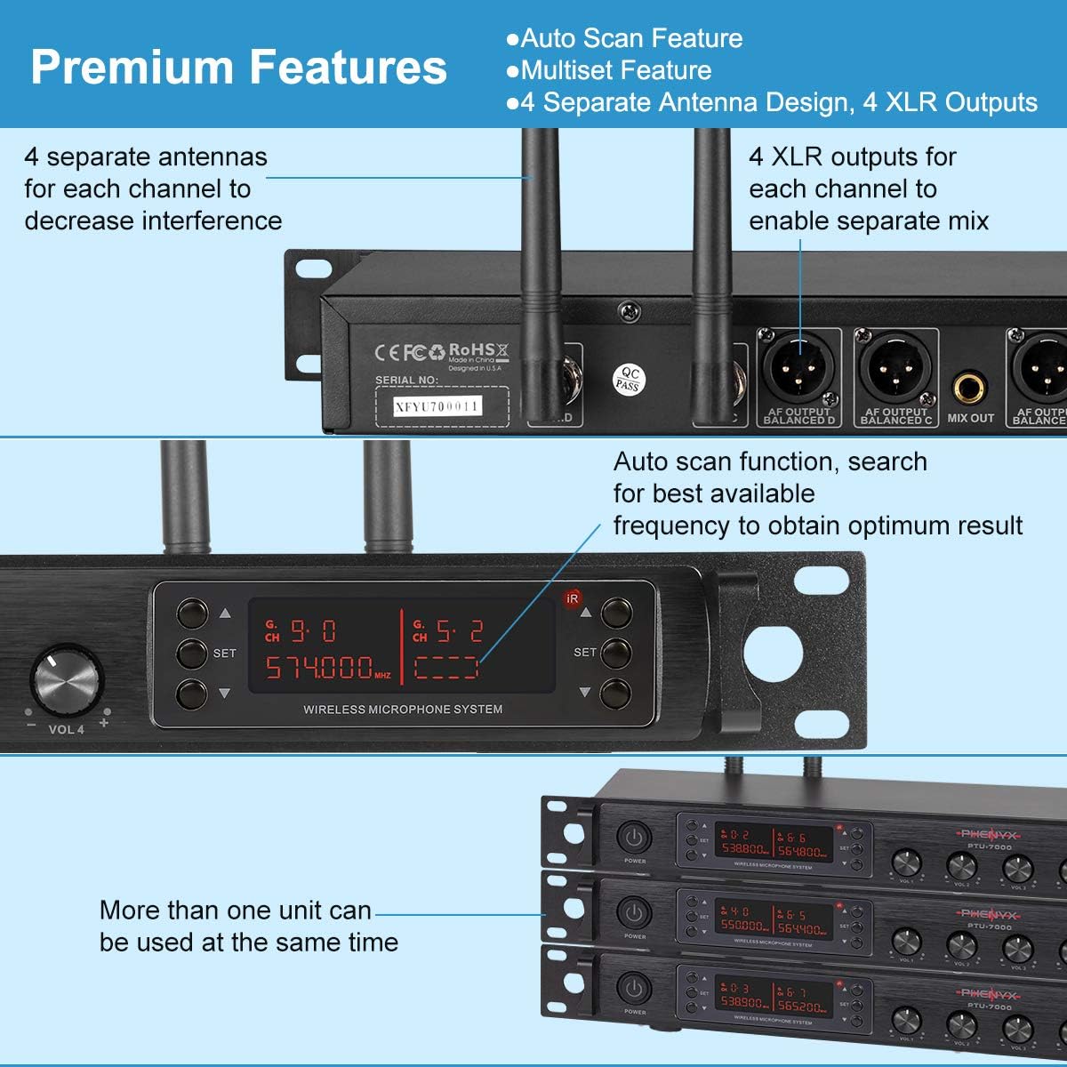 Wireless Microphone System, Phenyx Pro Quad Channel Cordless Mic Set with Metal Handheld Mics, 4x40 Channels, Auto Scan, Long Distance 328ft, Ideal for DJ, Church, Outdoor Events (PTU-7000A)