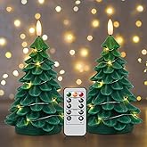 Eldnacele Christmas Tree Flameless Candles String Lights with 11-Key Remote and Timer, Battery Operated 3D Wick Flickering Real Wax LED Pillar Candles Xmas Eve Dinning Holiday Decor(2Pcs,3"×7.1")