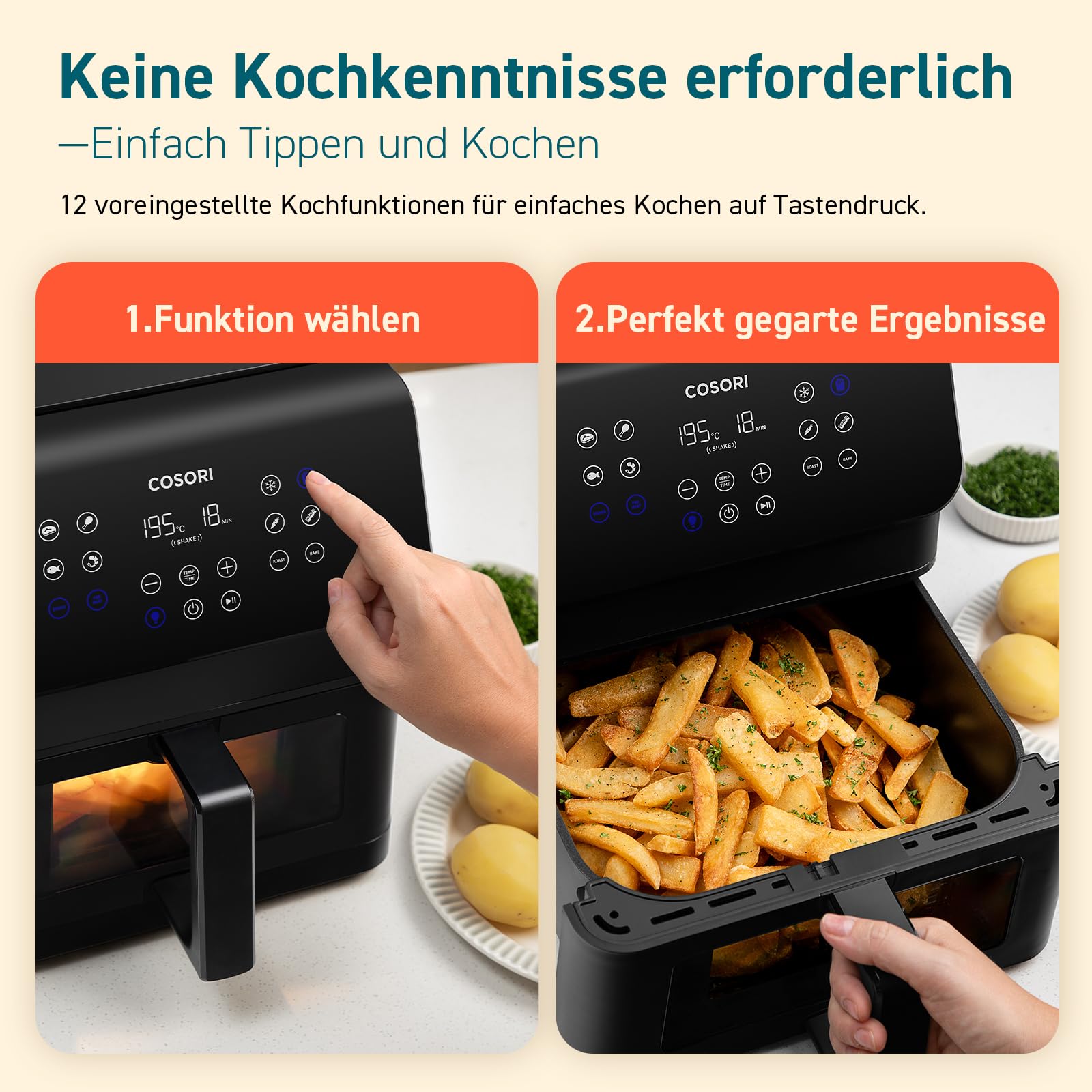 COSORI Airfryer, Heißluftfritteuse 6,2L mit Sichtfenster und Shake Reminder, 12-in-1 Heissluftfritteuse, Fritteuse 85 Prozent weniger Fett, 50 Rezepte, 55 Prozent energiesparend, einfache Reinigung 2