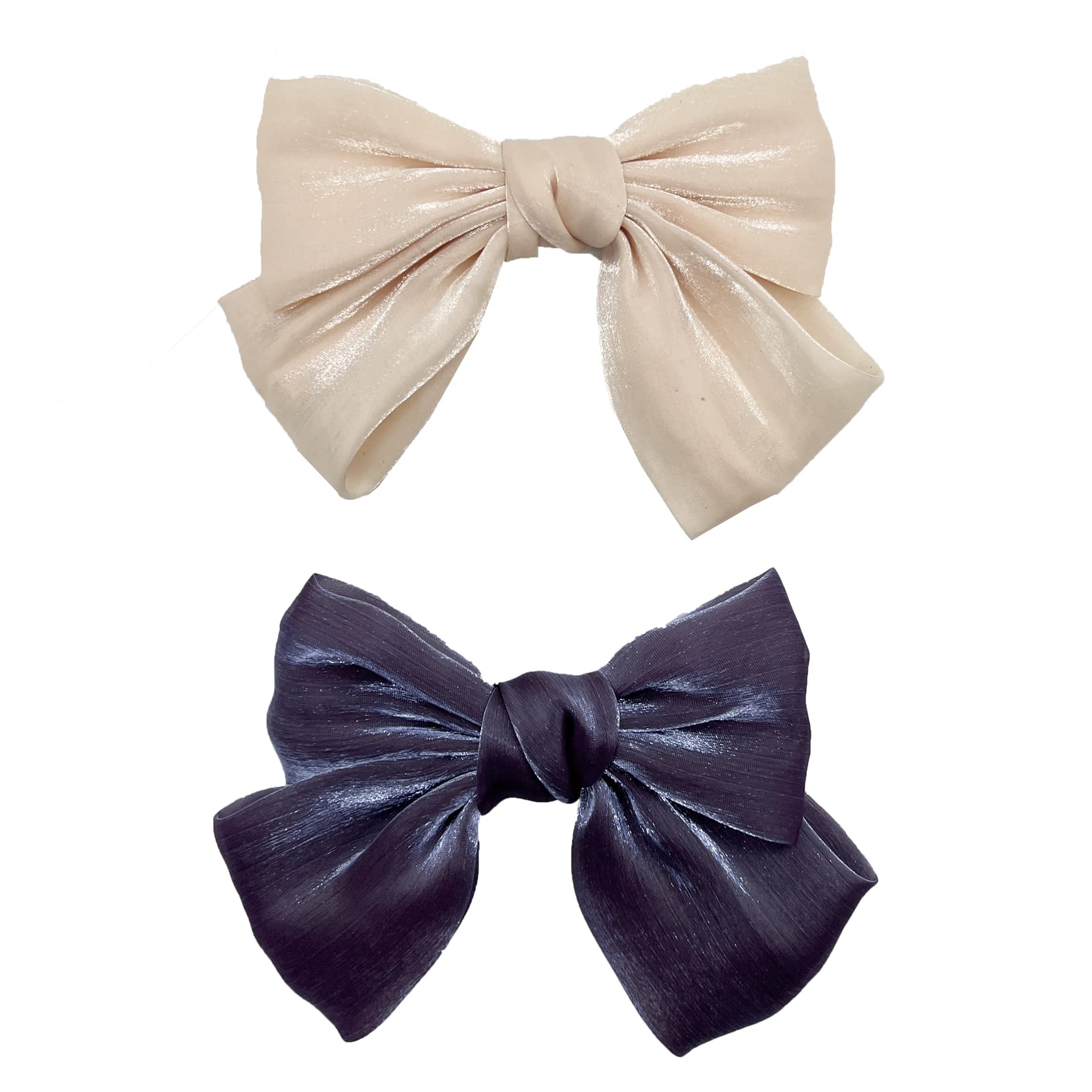 Hair Bows Big Bow Hair Clips 2PCS Glitter Satin Ribbon Hair Barrettes Hair Pins Elegant Bow Hair Accessories for Women Girls, Purple and Beige
