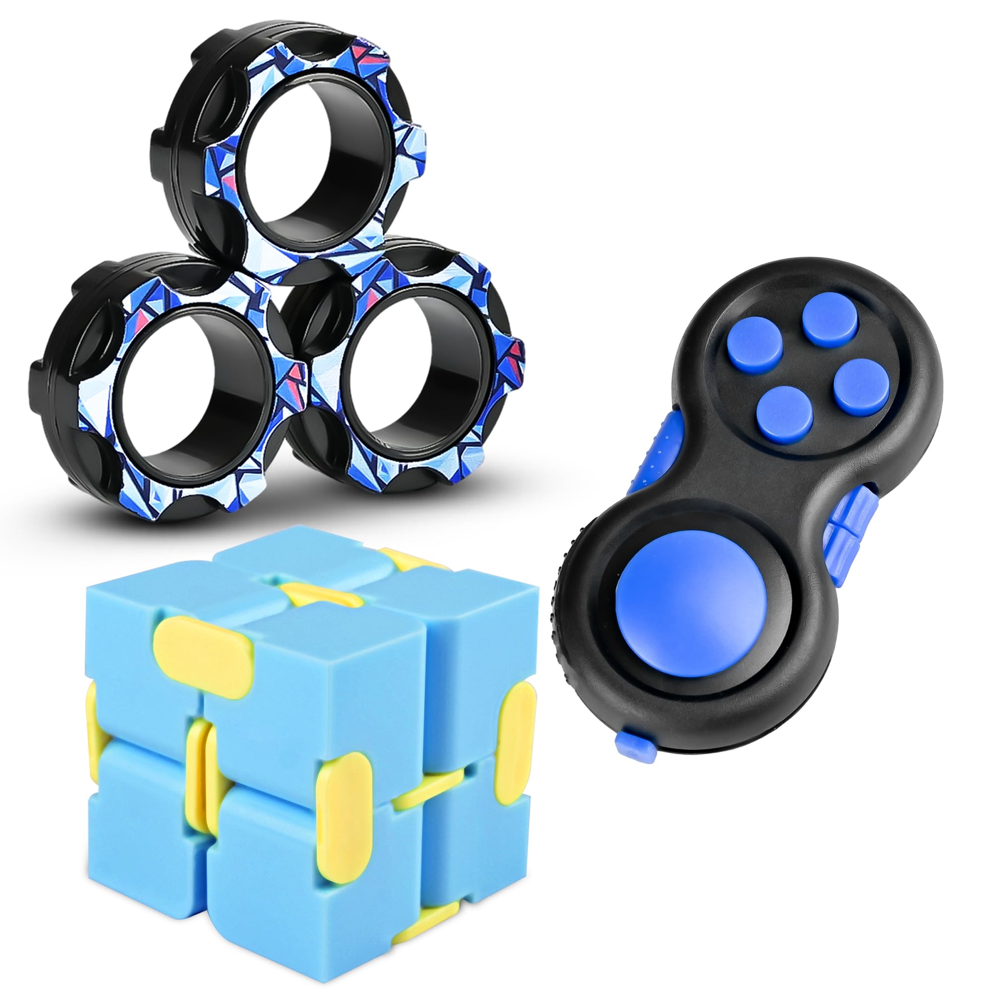 Photo 1 of Dr.Kbder 3PC Fidget Toys Adults Set, Cool Mini Gadget Sensory Pack with Infinity Fidgets Cube Figette Pad Magnetic Rings ADHD Anxiety Relief Stress Toys for Teen Office Desk Toy for Boy & Girls -Blue