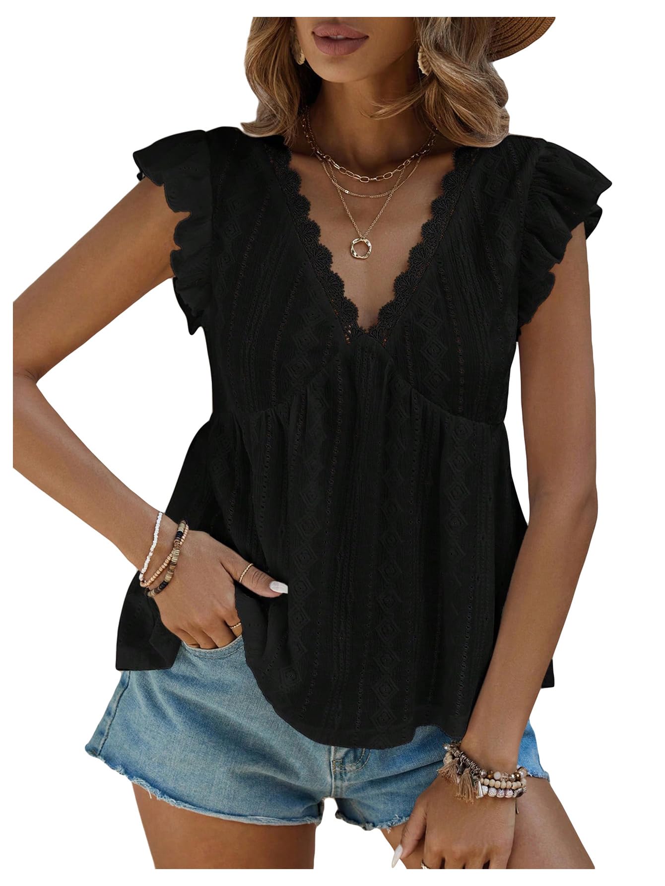 SweatyRocks Women's Lace Trimmed V Neck Ruffled