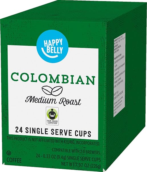 AMAZON BRAND – HAPPY BELLY MEDIUM ROAST COFFEE PODS, COLOMBIAN, COMPATIBLE WITH KEURIG 2.0 K-CUP BREWERS, 24 COUNT