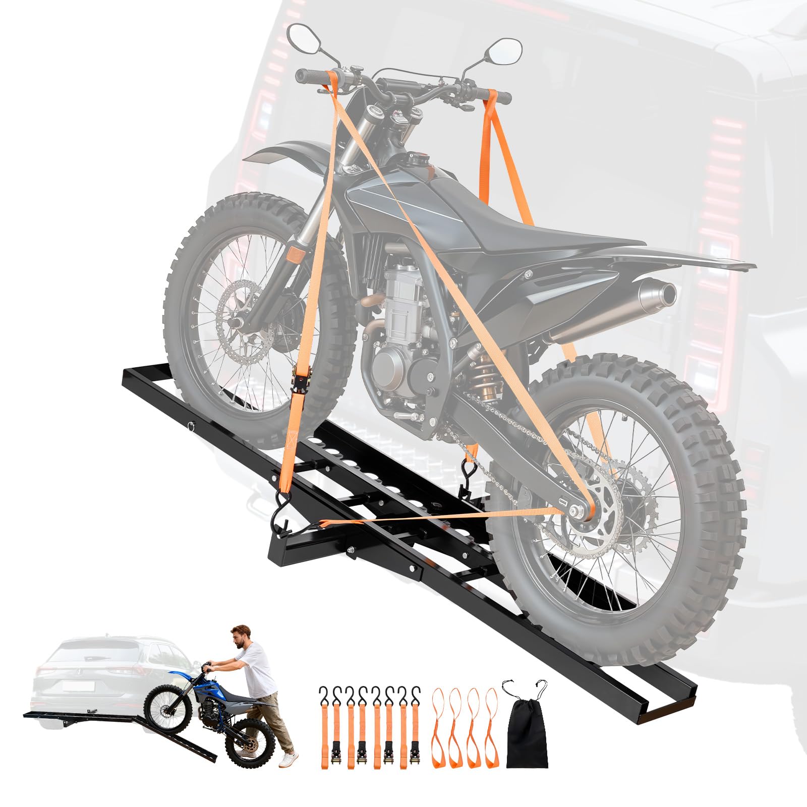 Photo 1 of *MISSING PARTS UNKNOWN*
VEVOR Motorcycle Carrier, 500 lbs Capacity, Heavy Duty Steel Hitch Mount Rack with 47in Ramp, Ratchet Straps & Stabilizer, Scooter Dirt Bike Trailer Hauler for Car Truck with 2-Inch Hitch Receiver