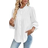 Bsubseach Women Puff Long Sleeve Shirt Textured Button Down Cotton Work Blouse Eyelet Ruffle Collar Dressy Casual Tops
