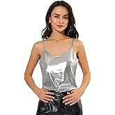 Allegra K Women's Metallic Shiny Halloween Party Tank Top Sleeveless Deep V Neck Camisole Tops