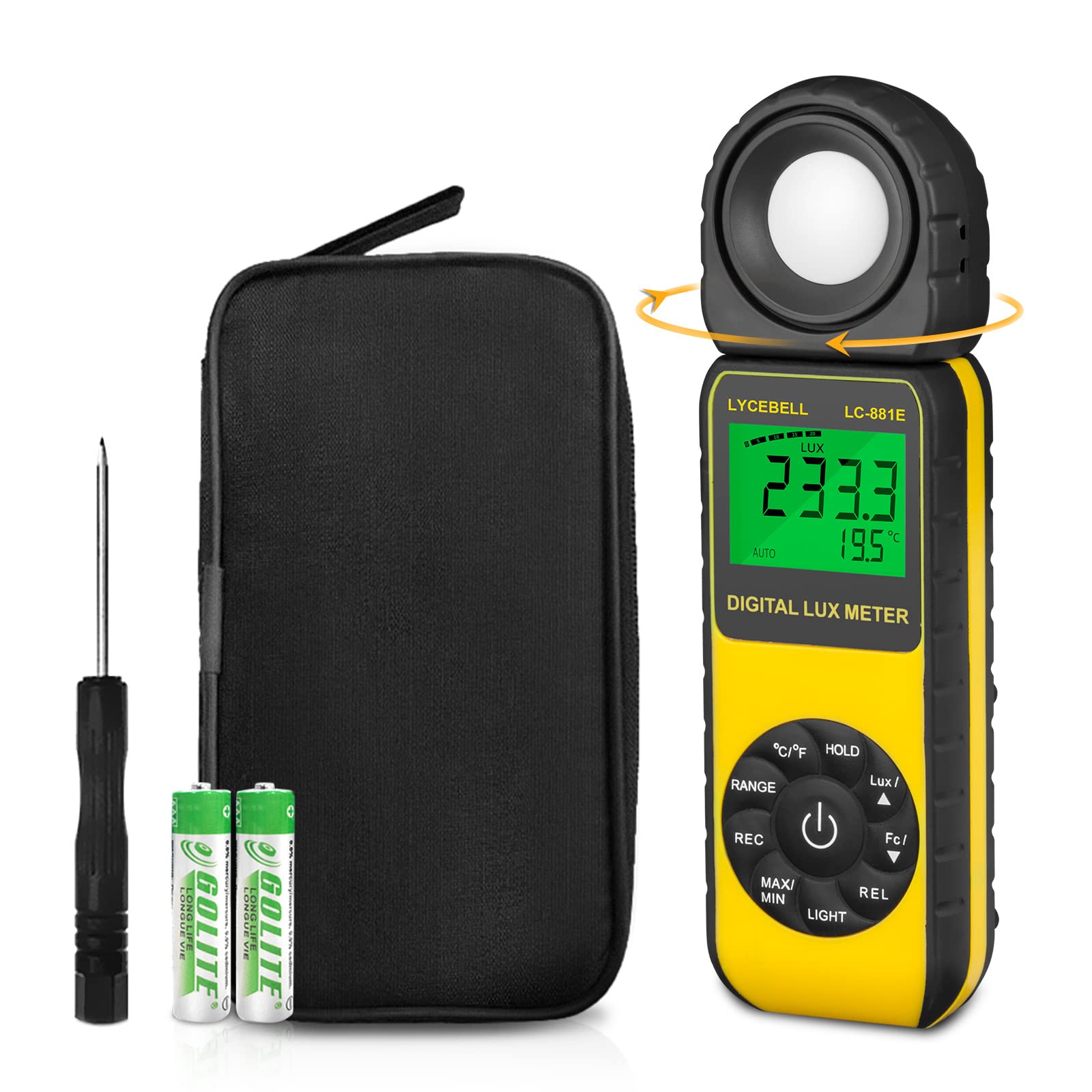 LYCEBELL Digital Illuminance Light Meter, LC-881E Foot Candles Luxmeter Range up to 300,000 Lux with 270º Rotated Date Hold Max/Min Backlit for Plant LED Light Outdoor