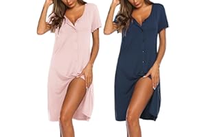 Ekouaer Nightgowns for Women 2 Pack Button Down Night Shirts Short Sleeve Sleep Shirts V Neck Sleepwear Pajama Dress