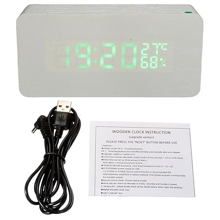 Solmore Mini LED Digital Wooden Digital Alarm Clock Calendar Thermometer Alarm time Humidity USB Cable/Battery powered white