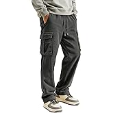 PLEPAN Men's Cargo Corduroy Straight Leg Pants Regular Fit Casual Pants with Pockets Elastic Waist Drawstring Sweatpants
