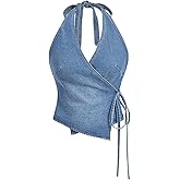 MakeMeChic Women's Halter Denim Top Summer Wrap Asymmetrical Backless Fitted Y2K Crop Tops
