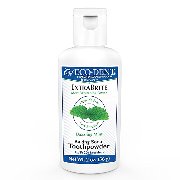 ECO-DENT EXTRABRITE BAKING SODA TOOTH POWDER, MINT – SLS & FLUORIDE-FREE TOOTHPASTE POWDER WITH OXIDIZING CALCIUM PEROXIDE, WHITENING TOOTHPASTE ALTERNATIVE + DAILYRINSE SINGLE-USE PACK