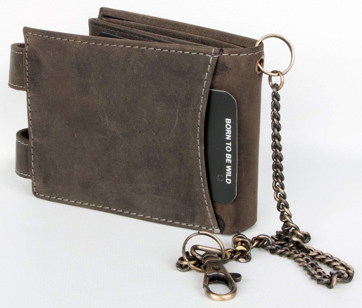 Grey-Brown Genuine Leather Wallet Born to be Ride with Two Buckles and a Chain - Image 3