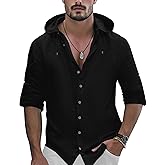 OYOZONE Mens Linen Shirts Casual Button Down Shirts Long Sleeve Roll-Up Sleeve Summer Beach Shirts Tops with Hood
