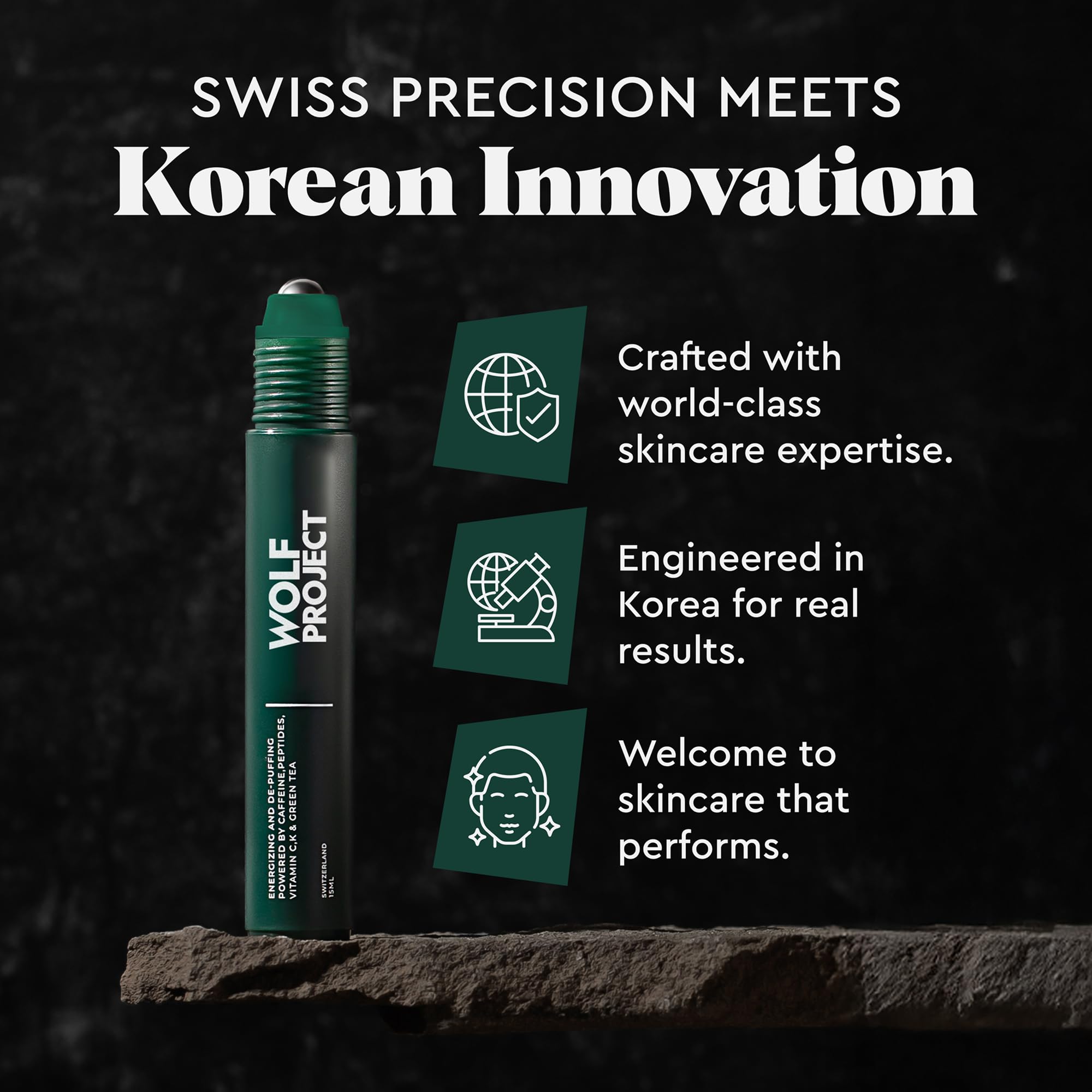 Wolf Project Under Eye Roller - Korean Beauty, with Caffeine, Vitamin C and Peptides - Energizing Serum for Dark Circles and Puffiness, Fine Lines, Wrinkles - Gel-Based Brightening Cream