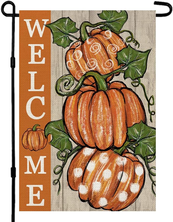 Flags - CROWNED BEAUTY Fall Thanksgiving Pumpkins Garden Flag 12x18 Inch Polka Dots Small Double Sided for Outside Burlap Welcome Yard Autumn Flag