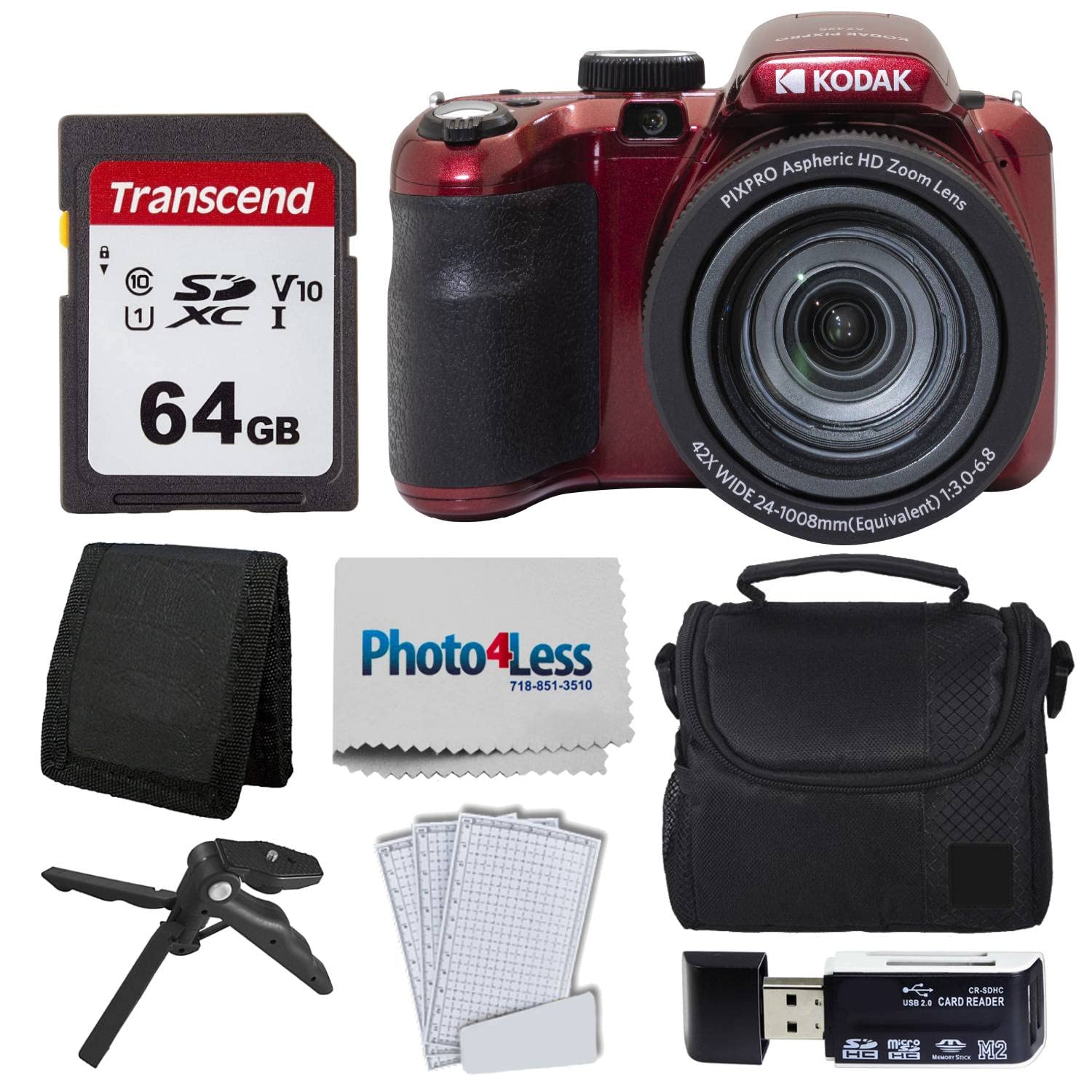 Kodak PIXPRO AZ425 Digital Camera + 64GB Memory Card + Camera Case (Black) + USB Card Reader + Table Tripod + Accessories (Red)