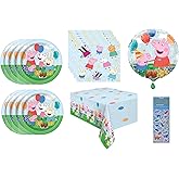 Peppa Pig Birthday Party Supplies Decoration Bundle Pack includes 16 Dessert Cake Plates, 16 Napkins, 1 Table Cover, 1 Mylar Balloon 18", 1 Dinosaur Sticker Sheet (Bundle for 16)