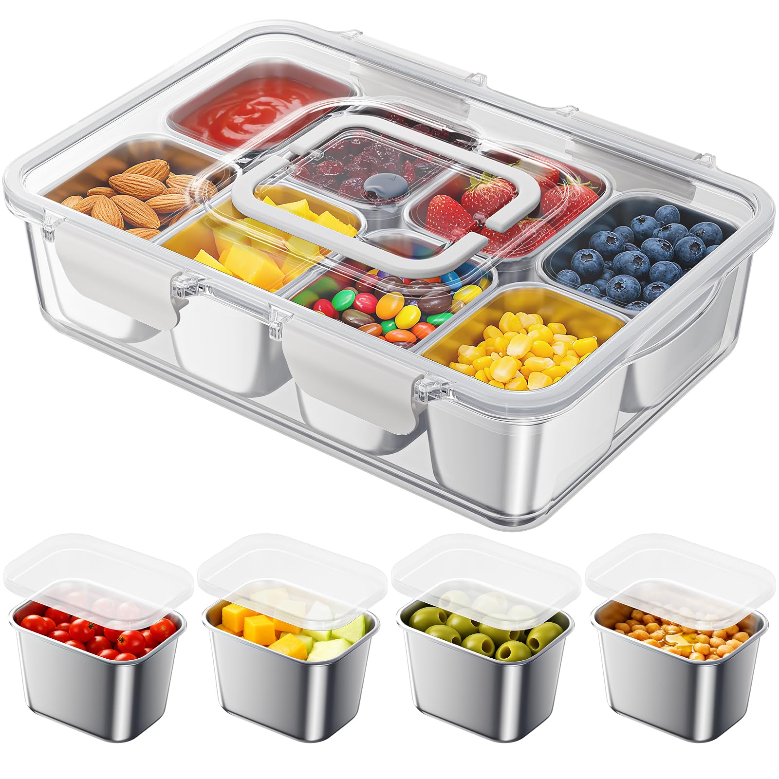 Photo 1 of Osfel Snackle Box Container with 8 Removable Stainless Steel Compartments Divided Snack Tray with Portable Handle for Beach, Road Trip, Picnic, Boat Days, Ball Games, Pool and Parties