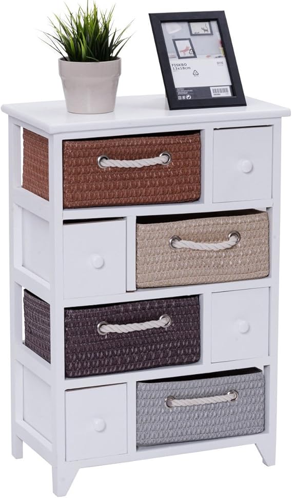 NEW White, 4 Drawer 4 Woven Basket Storage Unit Rack Shelf