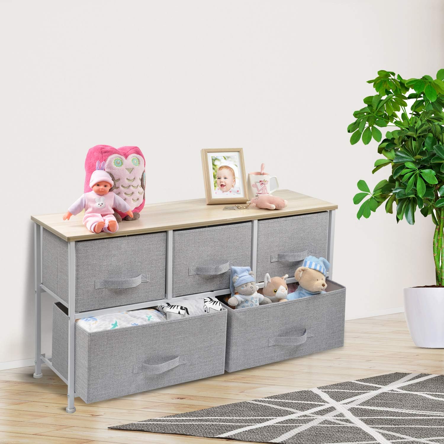 Wide Drawer Dresser Storage Organizer - CERBIOR 5-Drawer Closet Shelves, Sturdy Steel Frame Wood Top with Easy Pull Fabric Bins for Clothing, Blankets- Grey: Home Improvement