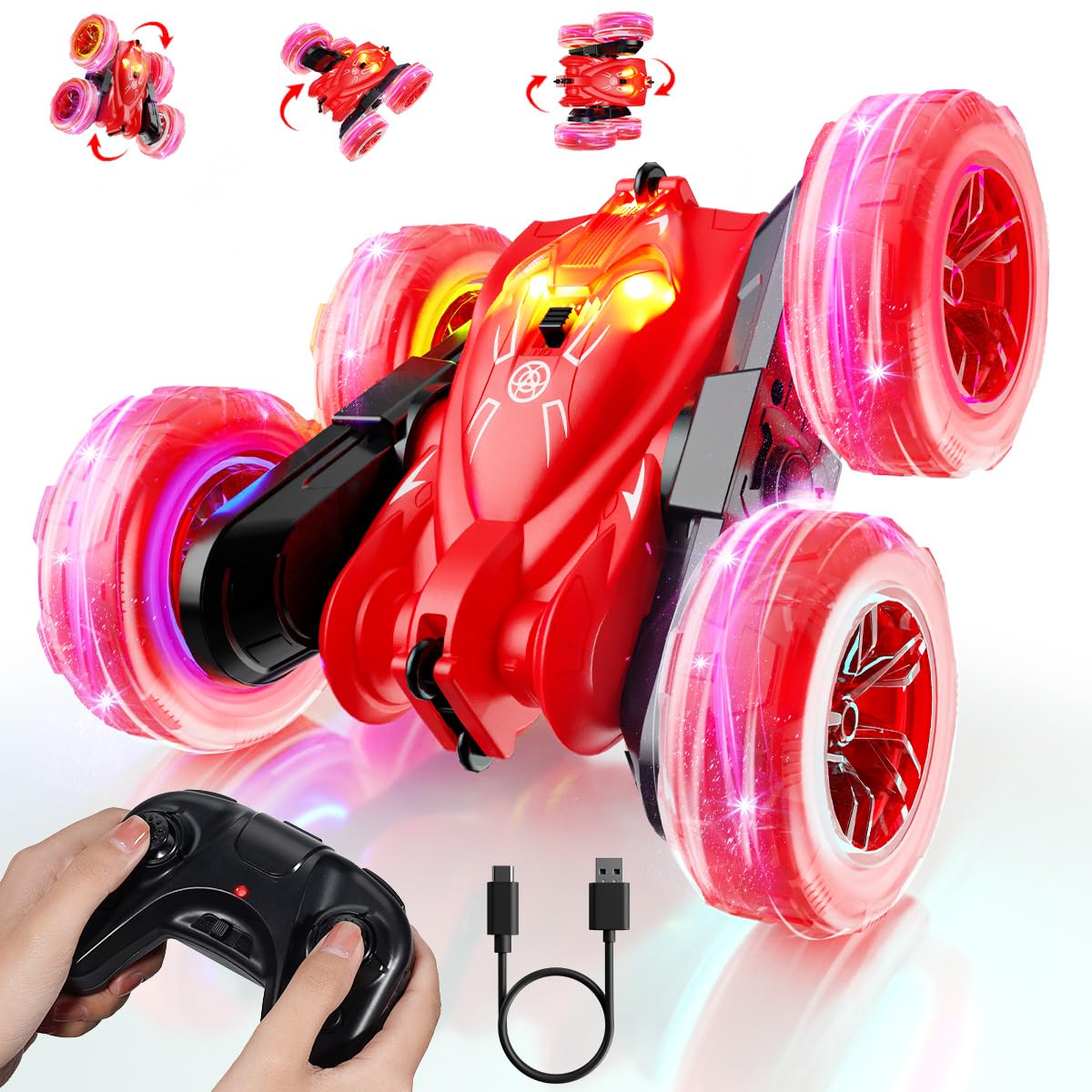 MaxTronic RC Stunt Car With LED Light, Upgraded Direct Charge Remote Control Cars 2 Sided 360 Rotation 4WD, 2.4Ghz Multiplayer Indoor Outdoor Fun, Toy Gifts for Boys Girls Kids Age 3-12